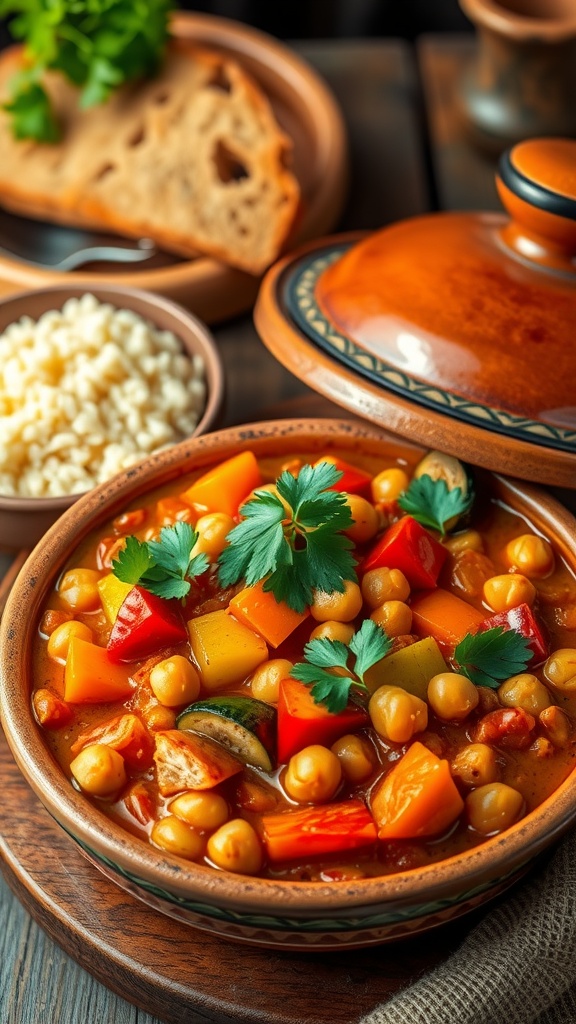 A bowl of vegetable and chickpea tagine with colorful vegetables and chickpeas, served with couscous and garnished with parsley.